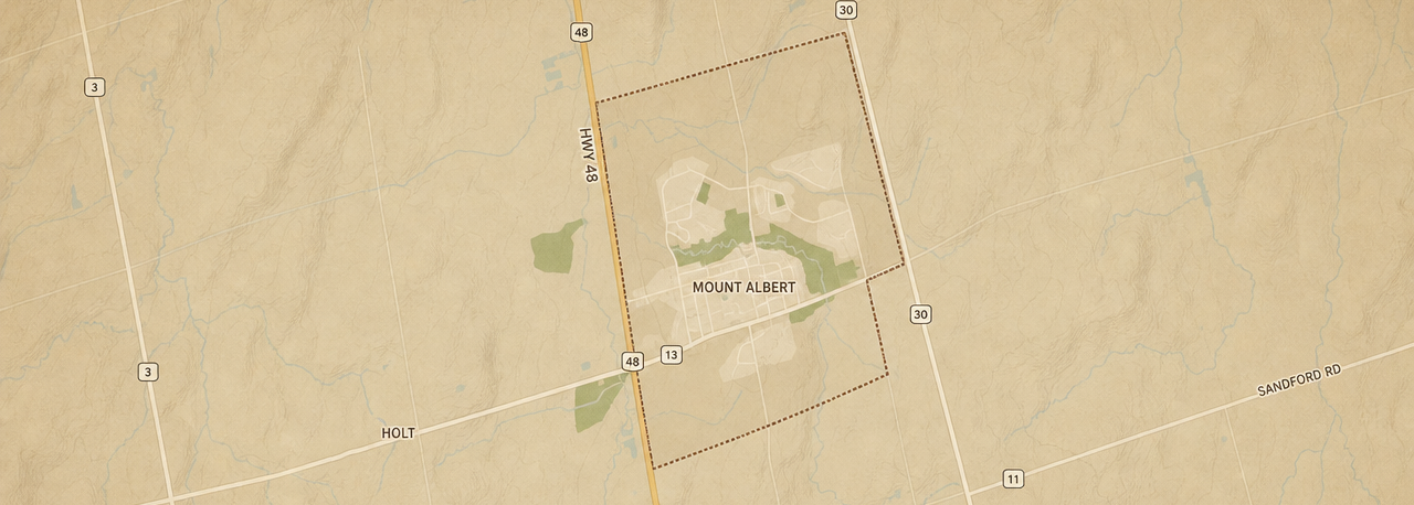 Illustrated map of Mount Albert and its town boundary within East Gwillimbury
