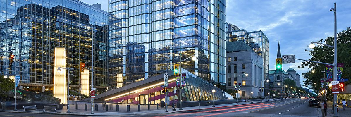 The Bank of Canada building on Wellington Street at dusk