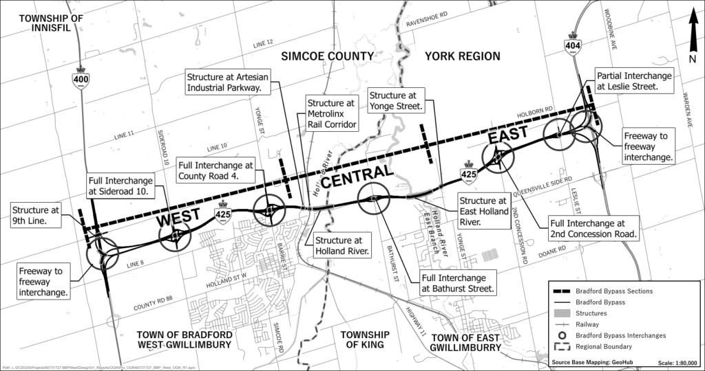 Official route map of the Bradford Bypass, Highway 425, from the 400 to the 404